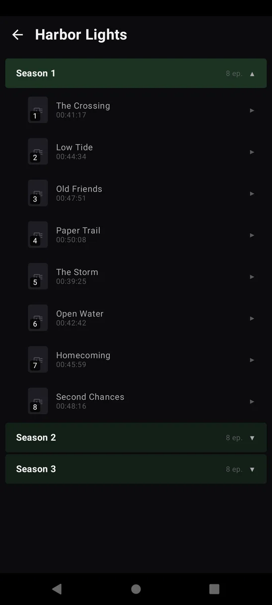 Pantalla Episodios de ZapStream en Móvil Android