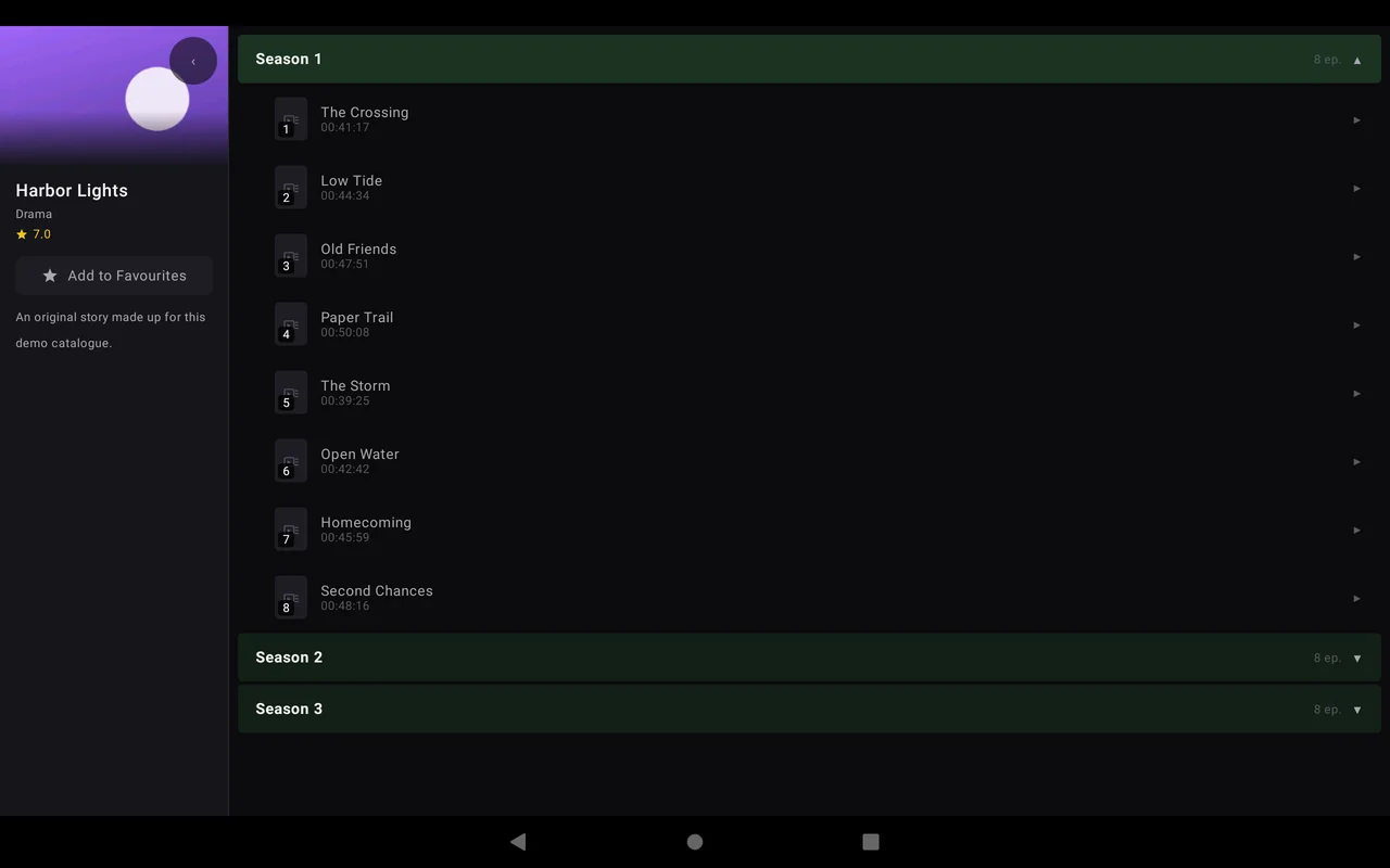 Pantalla Episodios de ZapStream en Tablet Android