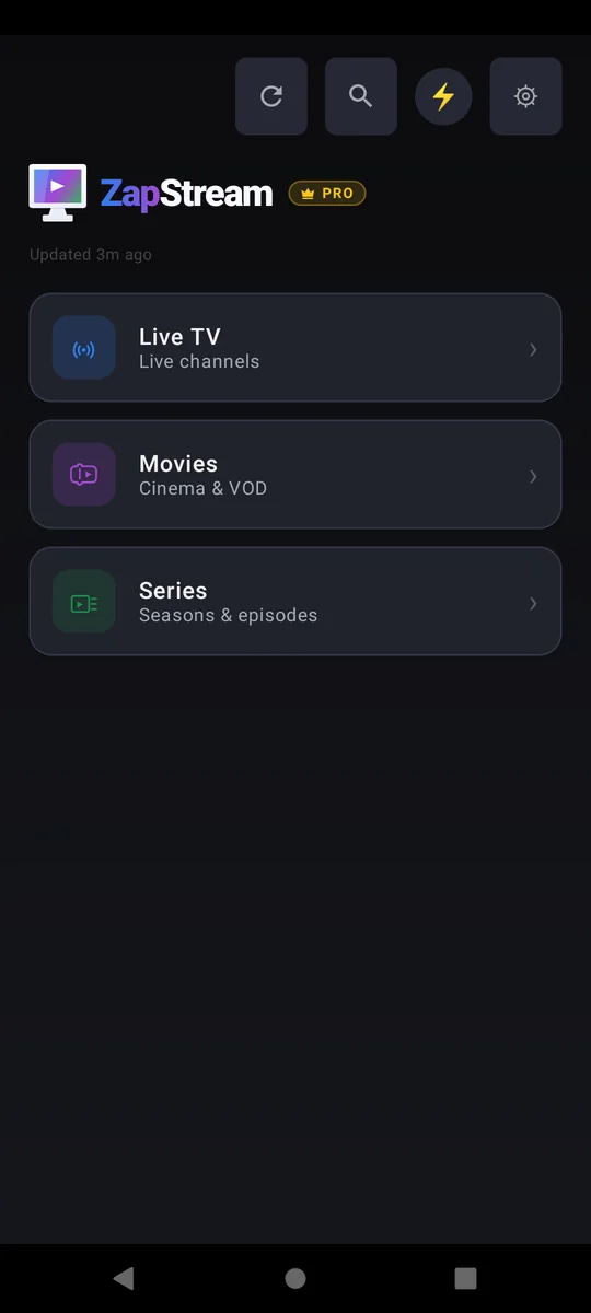 Pantalla Inicio de ZapStream en Móvil Android