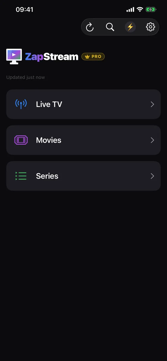 ZapStream Home screen on iPhone