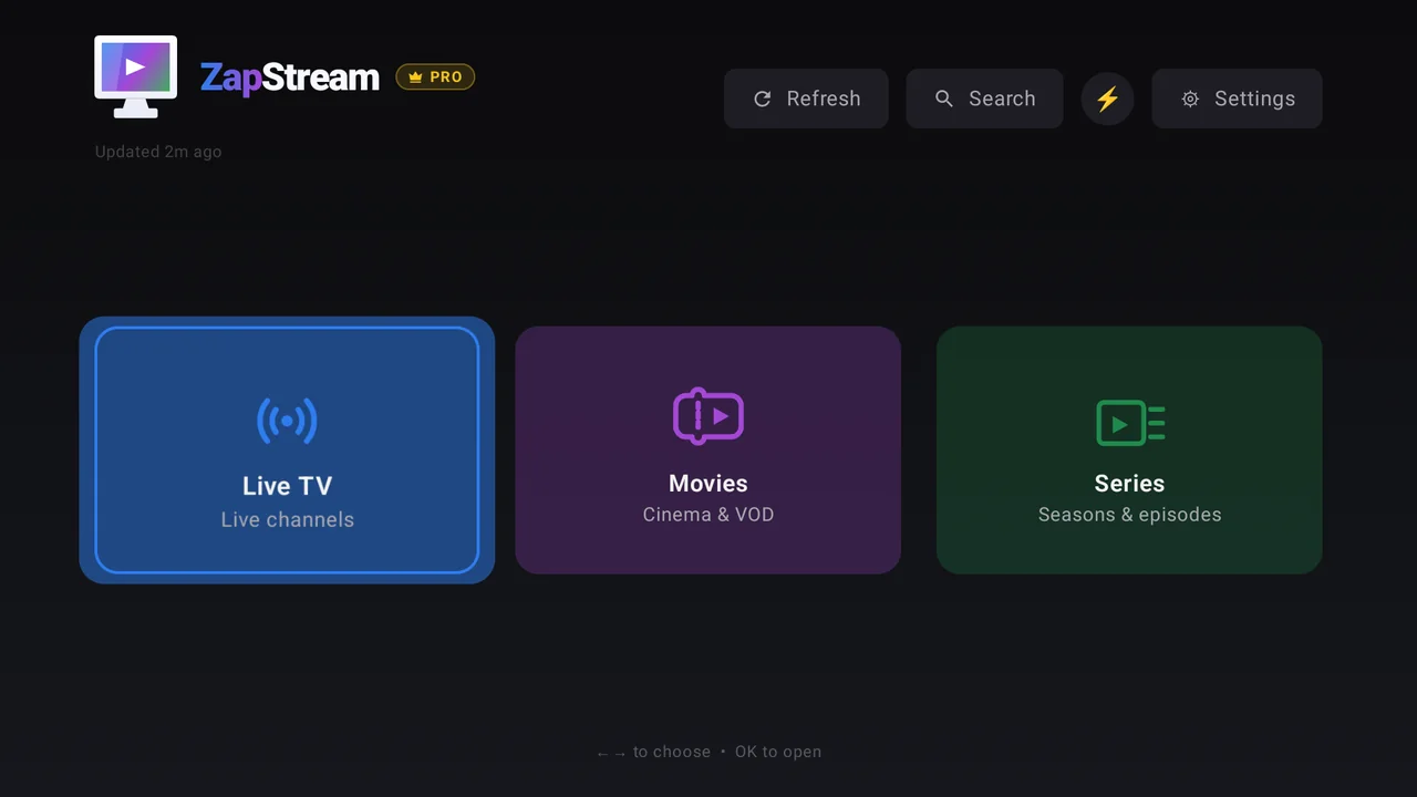 ZapStream Home screen on TV