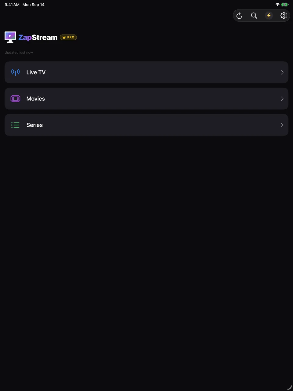 ZapStream Home screen on iPad