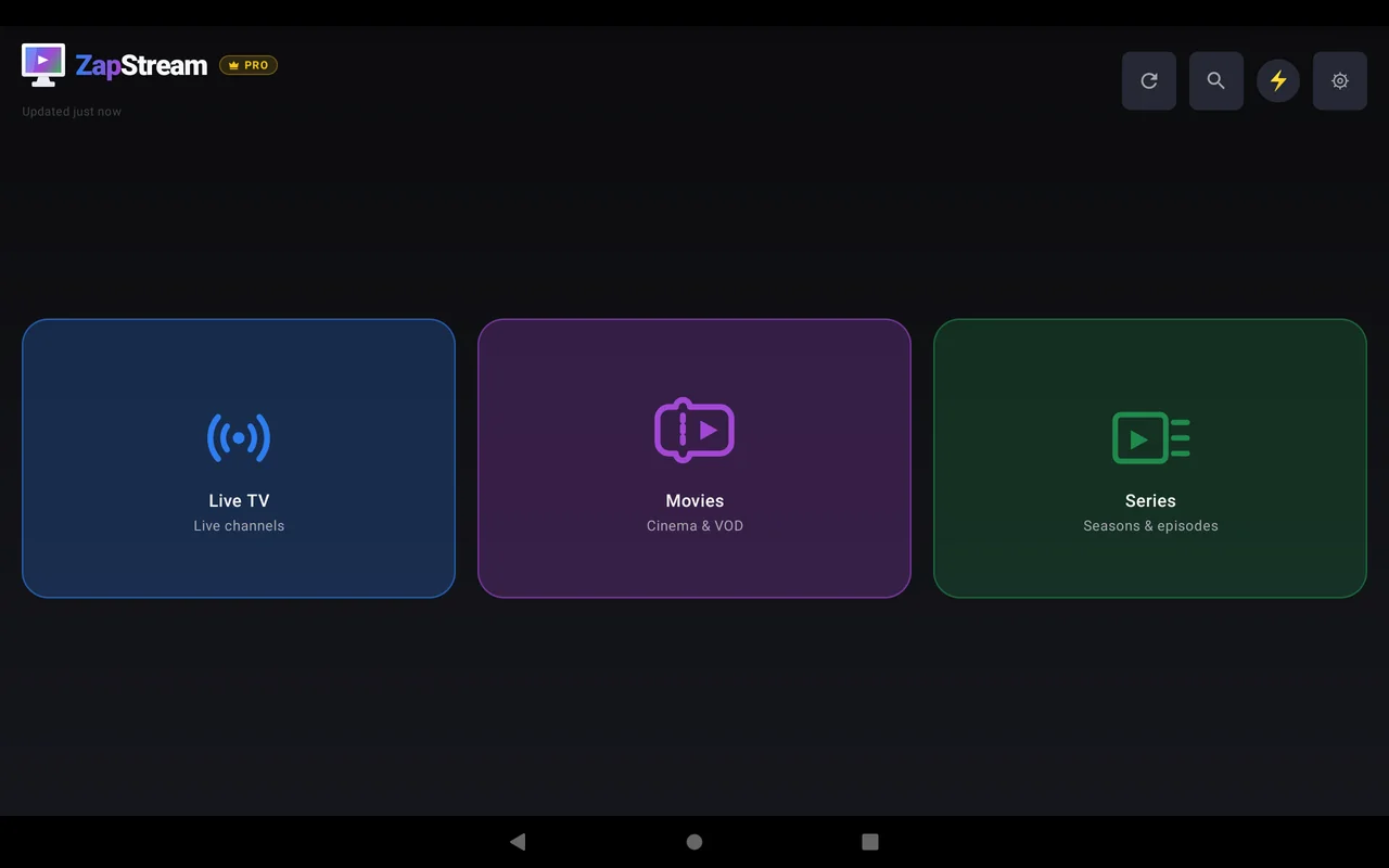 Pantalla Inicio de ZapStream en Tablet Android
