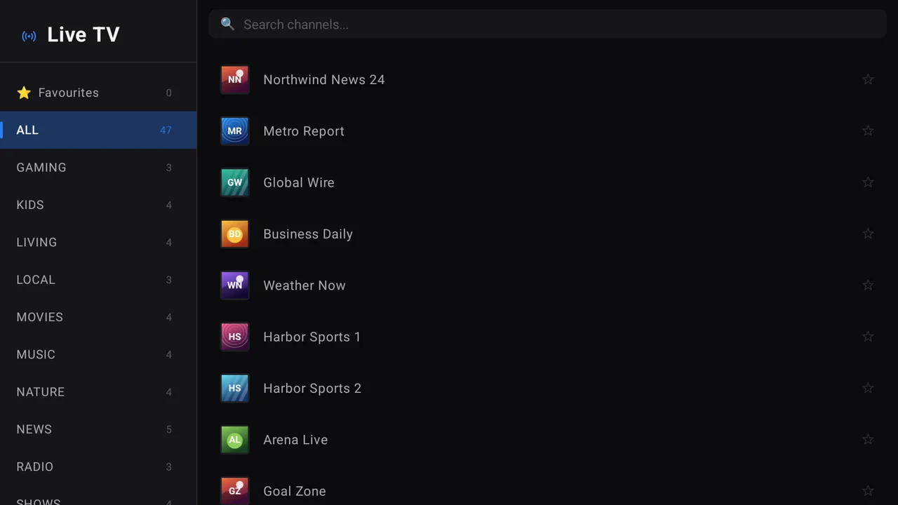 ZapStream Live TV screen on TV