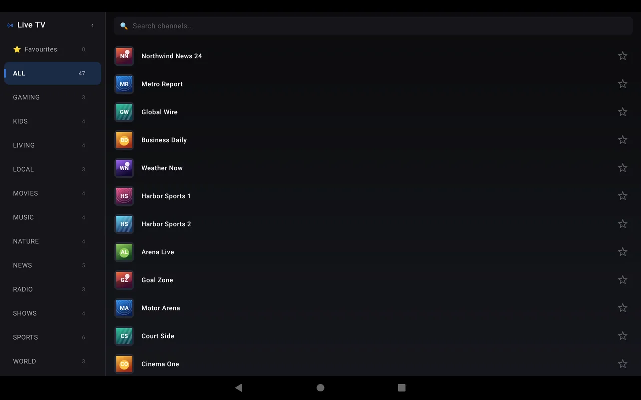 Pantalla TV en directo de ZapStream en Tablet Android