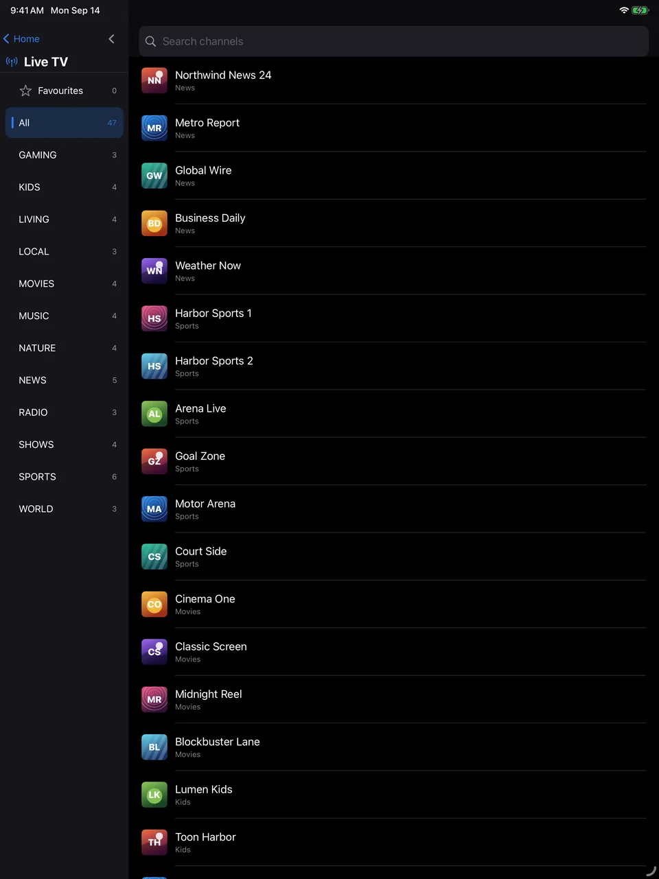 ZapStream Live TV screen on iPad