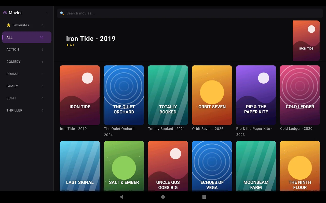 Pantalla Películas de ZapStream en Tablet Android